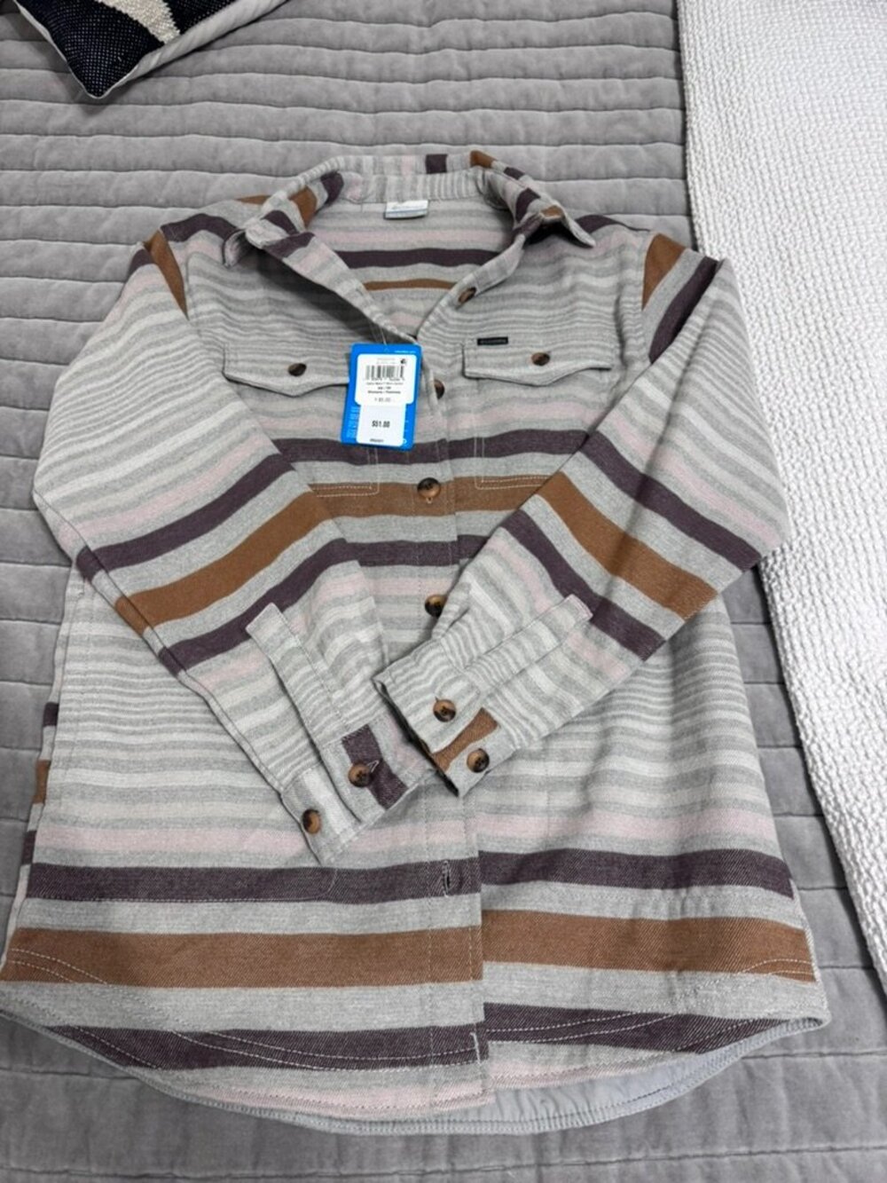 NWT Columbia Oversized Striped Button Up Shirt Jacket Shacket Gray Brown Pink